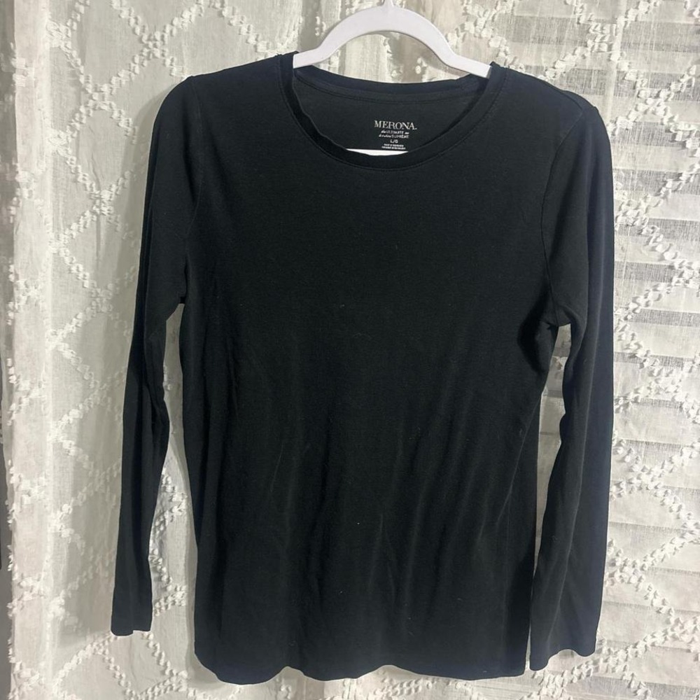 Merona Ultimate Pima Supreme Long Sleeve Crew Neck Tee Shirt Black Women Large